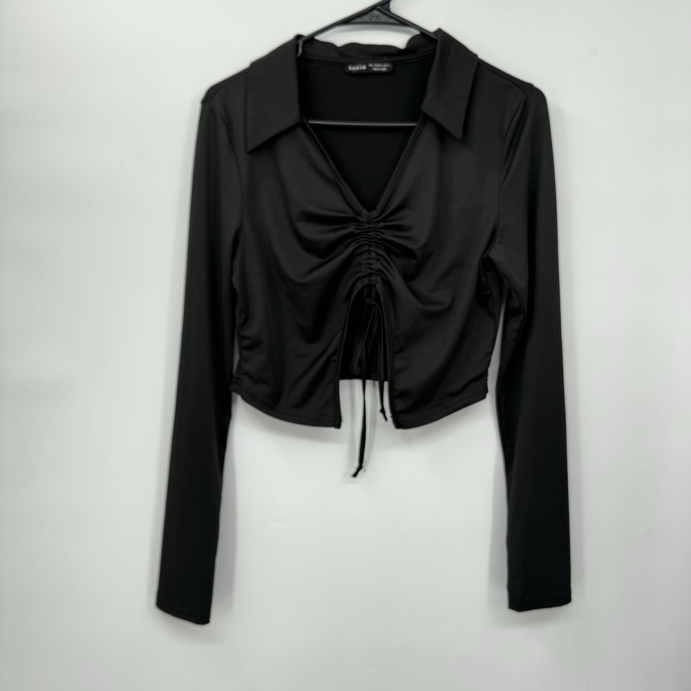 SHEIN Large Crop Top Women Black Long Sleeve Ruched Drawstring Tie Front V-Neck